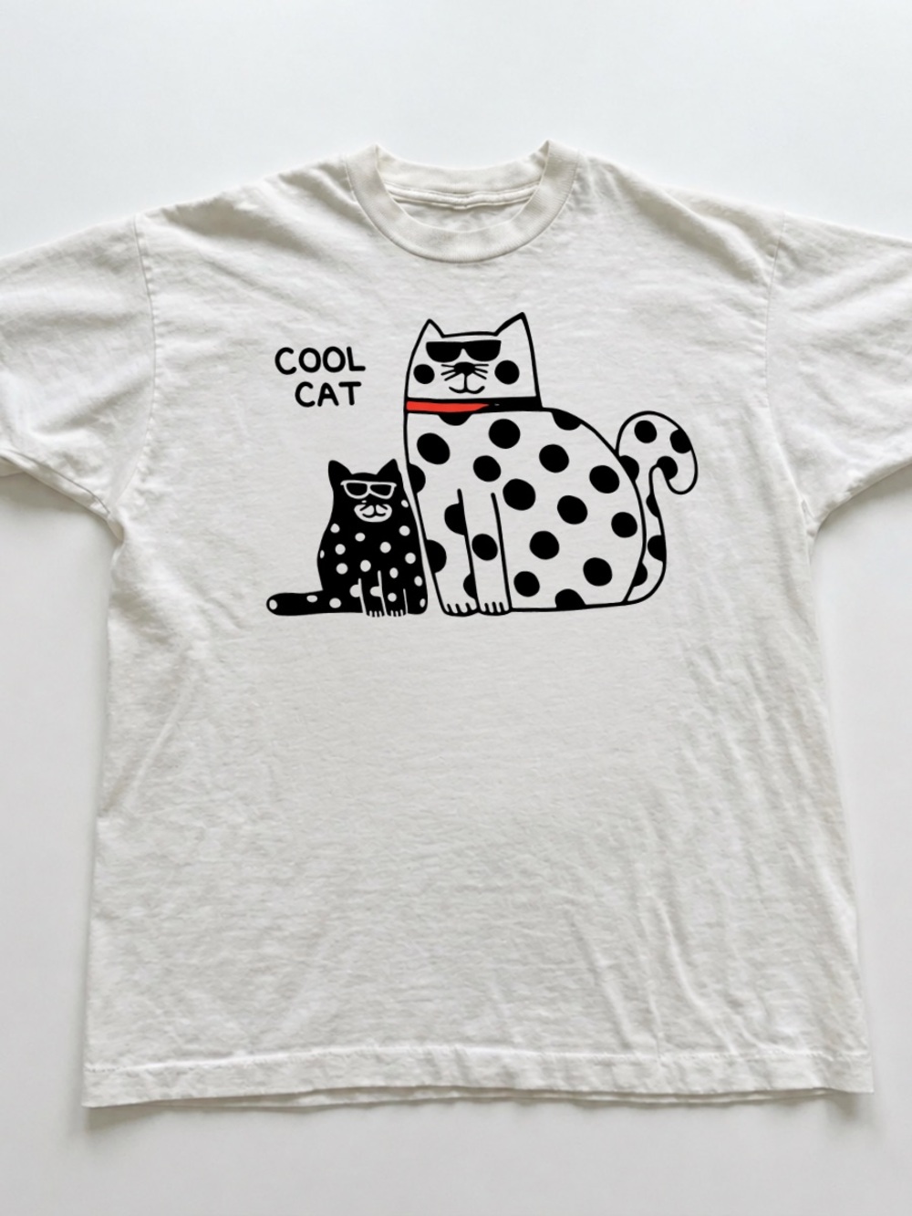 White Tee with Black Polka-Dot Cat Graphic